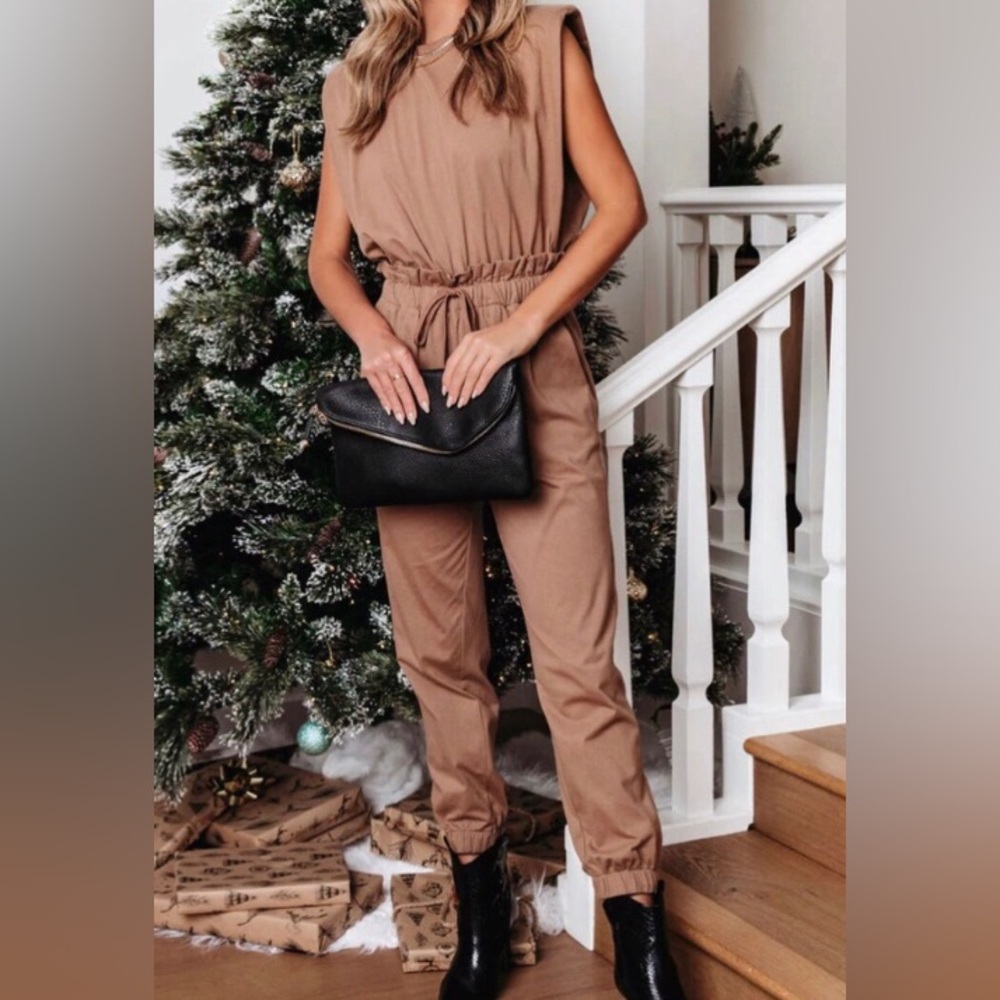 VICI cutting edge paper bag waist jogger jumpsuit in mocha NEW Sz large